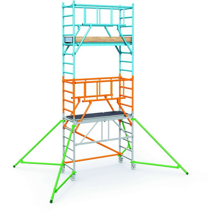 PaxTower S-PLUS 1 m extension pack shown in orange on a mobile scaffold tower