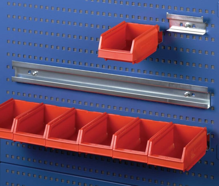 R46-2 perforated panel bin rail with six red Treston 1015 stacking bins on a blue tool panel