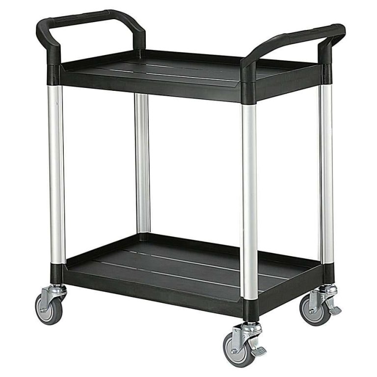 Plastic shelf trolley 250 kg with black polypropylene shelves and aluminium frame