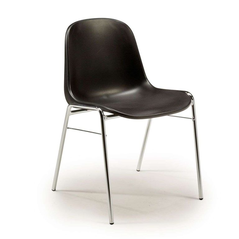 Black plastic stacking chair with UV-protected polypropylene seat and chrome steel frame