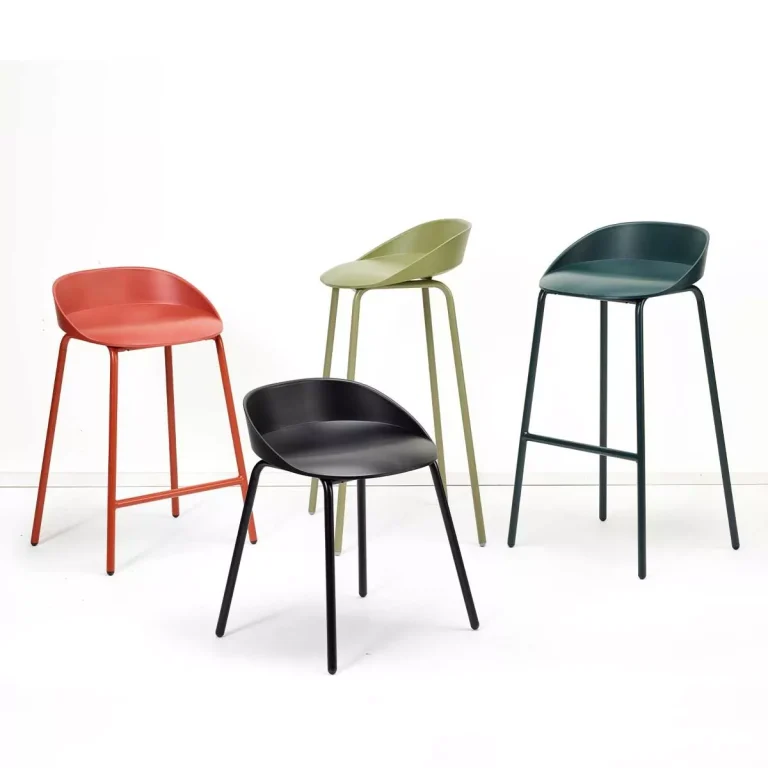 Plastic stools and bar chairs with steel frame in black, red, yellow, olive and dark green