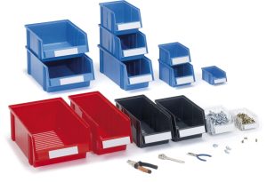Colour‑coded plastic storage bins stacked on warehouse shelf