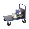 Blue platform truck with single end panel and MDF deck, 500 kg