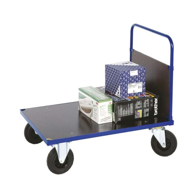 Blue platform truck with single end panel and MDF deck, 500 kg