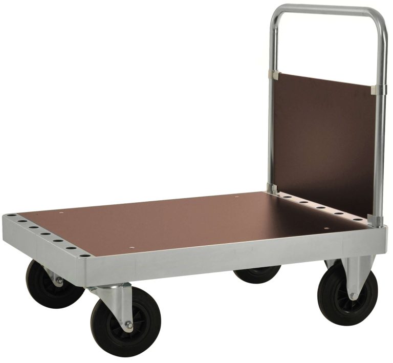 Elförzinkad plattformsvagn 100-serien med gavel, laminatskiva och massivgummihjul