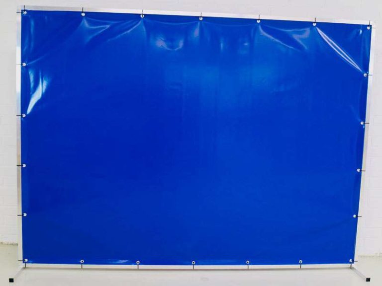 Blue portable welding screen with aluminium frame for welding and hot work