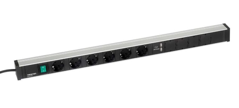 Power rail 836 mm with six Schuko sockets, switch and 2xUSB charger for industrial workbenches