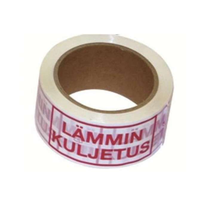 White printed packing tape with red Finnish warm transport wording