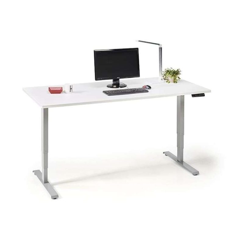 Pro straight desk top on electric desk frame with monitor and keyboard
