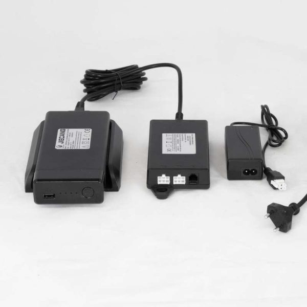 Quadro electric desk battery and charger with under‑desk dock for cordless height‑adjustable workstations