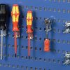 R10 tool hooks holding screwdrivers and a ratchet on a blue perforated tool panel