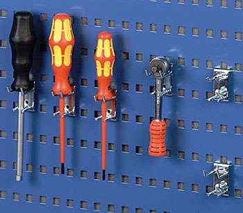 R10 tool hooks holding screwdrivers and a ratchet on a blue perforated tool panel
