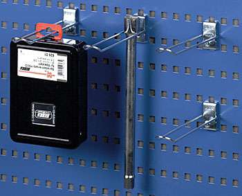 R13 pegboard display hooks mounted on a blue 9 × 9 mm perforated tool panel
