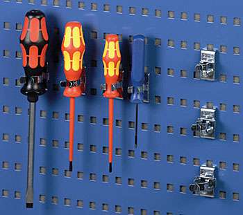 R19 spring clip tool holders holding screwdrivers on a blue perforated tool panel