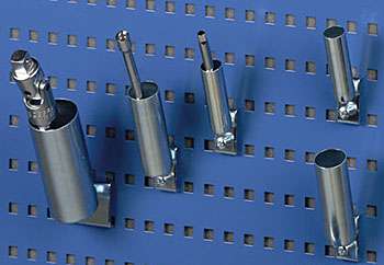R24 pegboard tube holders storing tools vertically on a blue perforated panel
