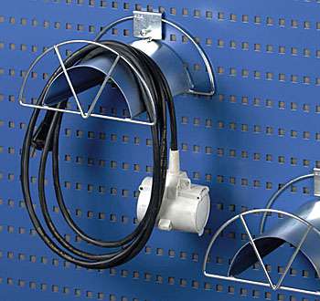 R26 hose reel holder mounted on a GWS/Sovella perforated panel with coiled cable