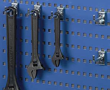 R3 tool hooks holding spanners on a blue perforated tool panel