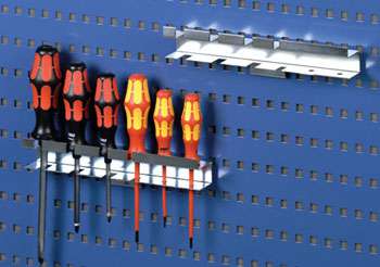 R42 screwdriver holder on blue perforated tool panel with screwdrivers