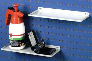 R47 shelf for tool panel shown in two positions on a blue perforated panel