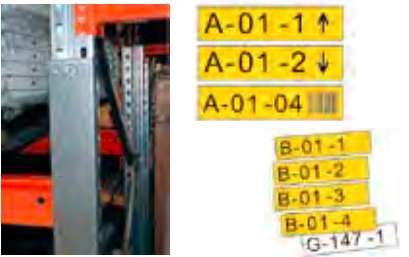 Rack location labels on a pallet racking upright with a steel label strip
