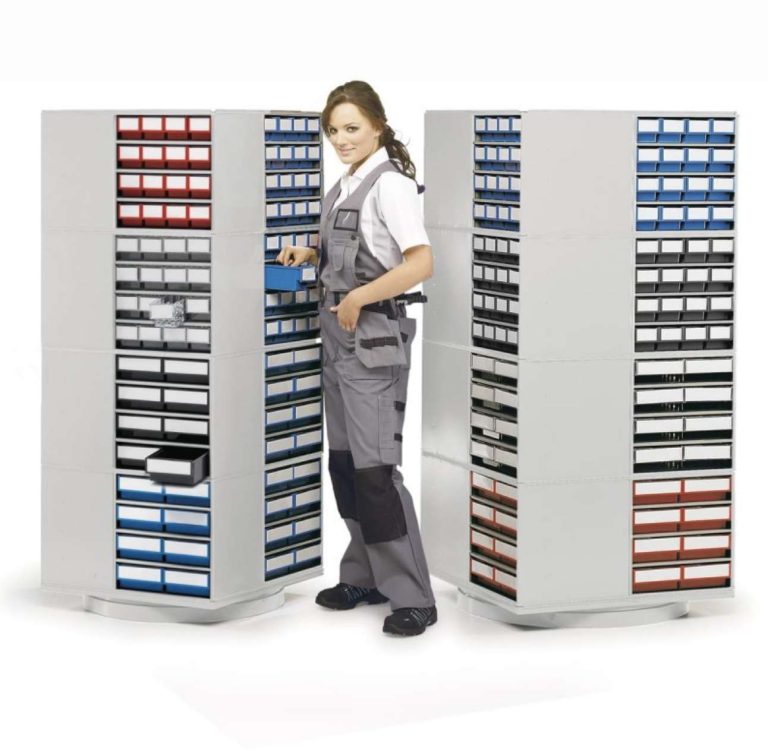 Revolving stand for Treston storage bin cabinets with small parts compartments