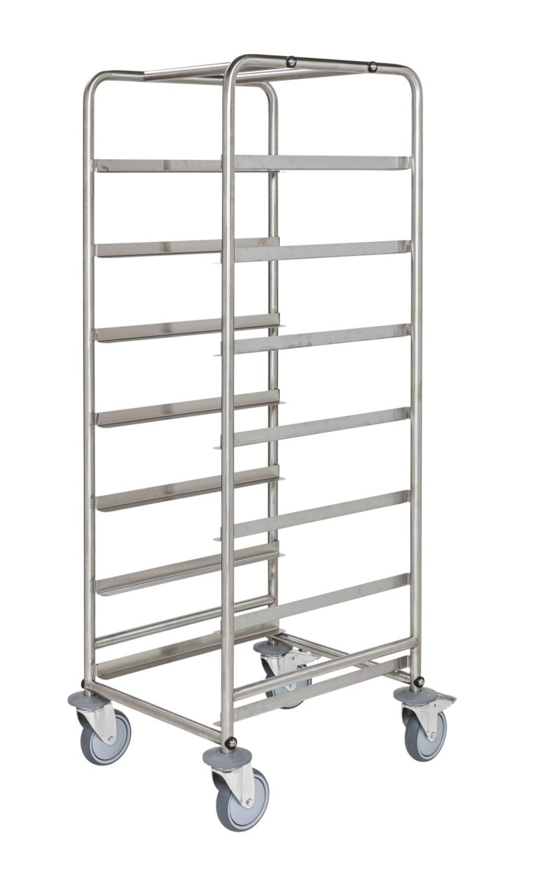 Rostfri backvagn med 7 platser, lådor 510x410 mm, 125 mm hjul