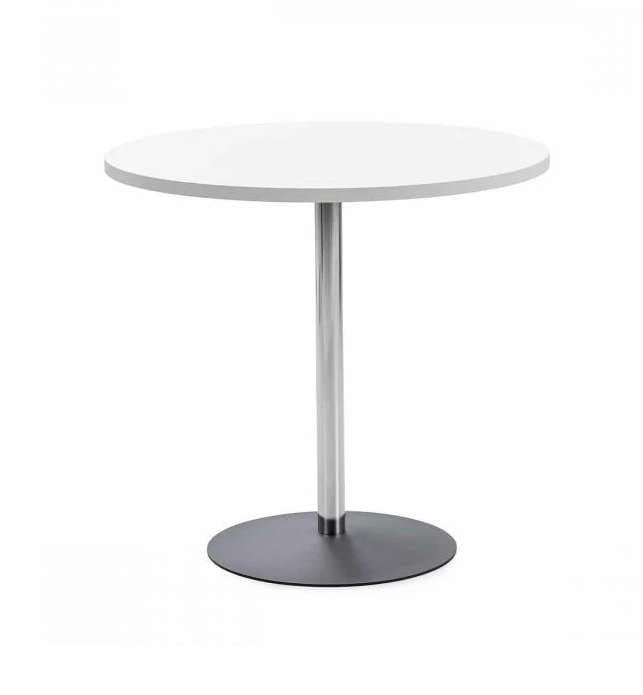 Round meeting table Ø800 mm with white melamine top, chrome column and black cast iron cross base