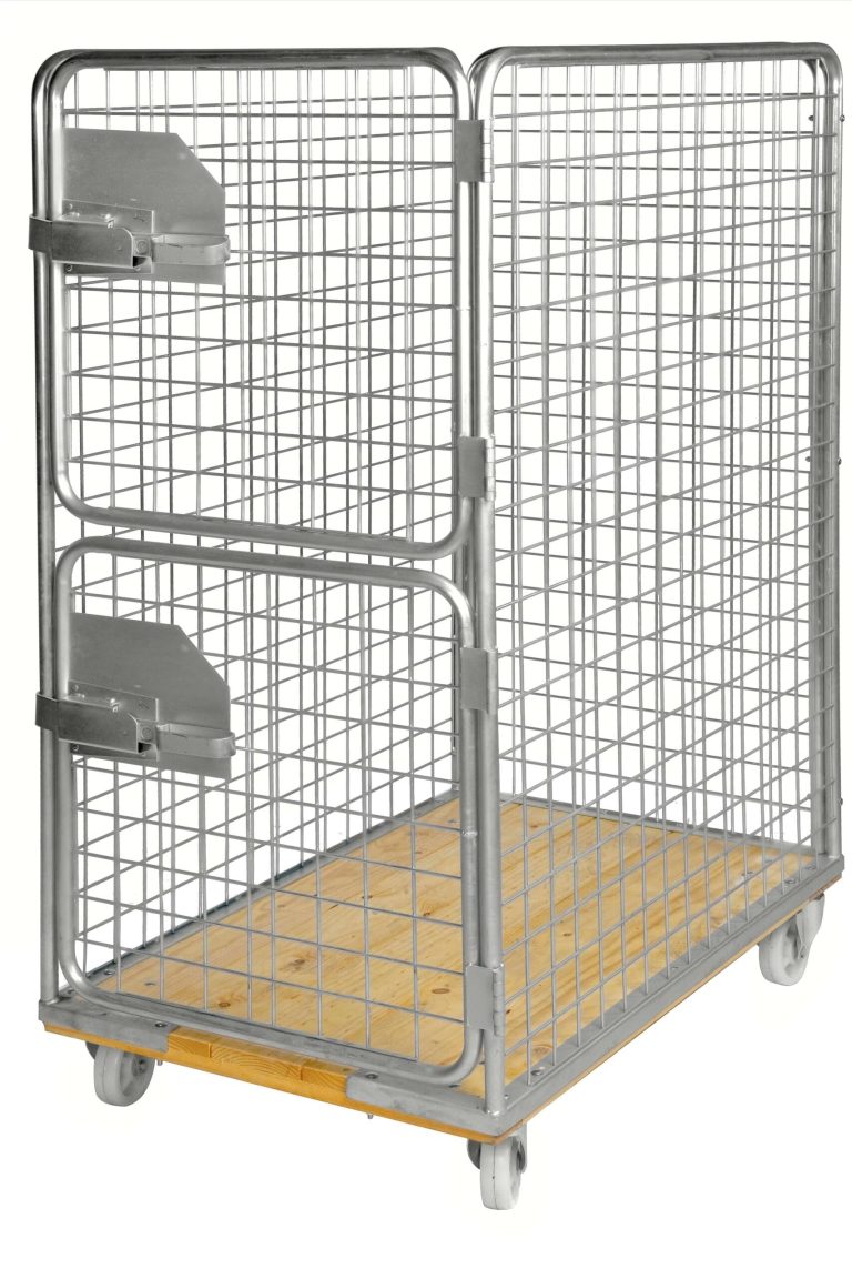 Rullcontainer med träbotten, nätväggar och tvådelad dörr