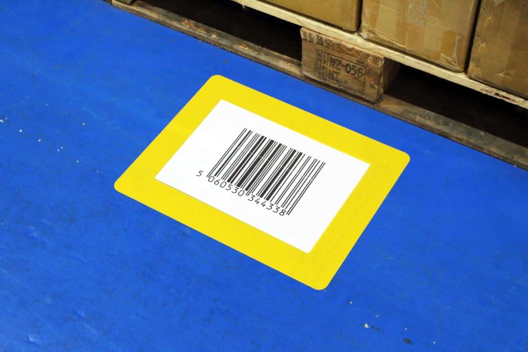 Yellow self-adhesive A4 and A5 floor marking pockets for warehouse pallet locations