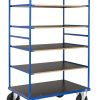 Heavy duty shelf trolley 300 Series with five MDF shelves and blue steel frame