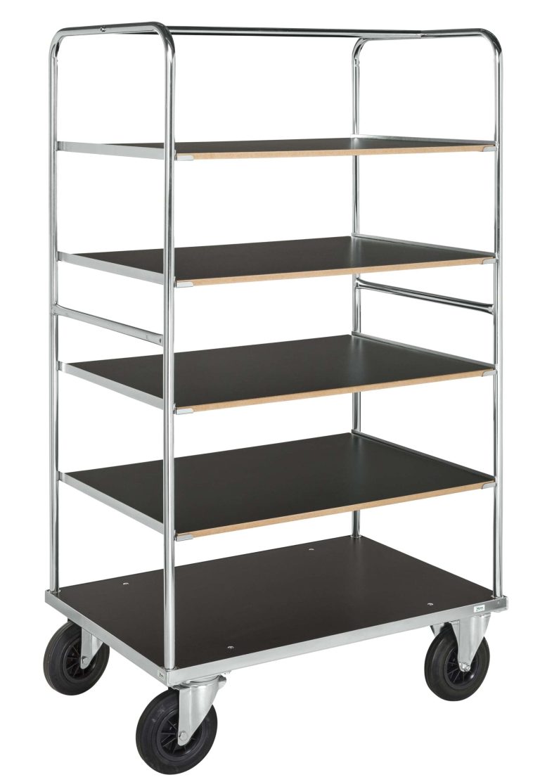 Shelf Trolley 500 Series with five MDF shelves and 200 mm solid rubber wheels