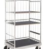 Heavy duty shelf trolley with mesh cage, laminate shelves and 200 mm solid rubber wheels
