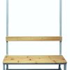 Single-sided changing room bench with backrest, powder-coated steel frame and varnished pine slats