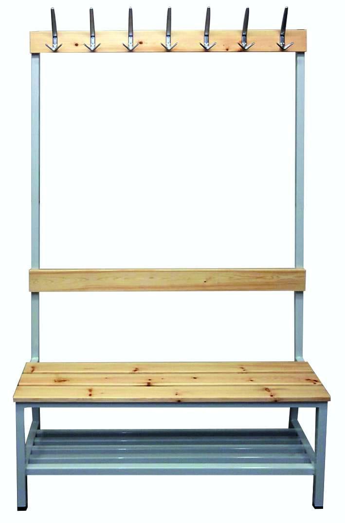 Single-sided changing room bench with backrest, powder-coated steel frame and varnished pine slats
