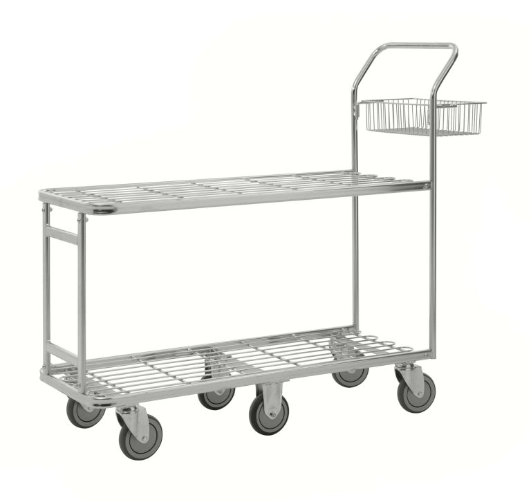 Six-wheel stock picking trolley with two mesh shelves