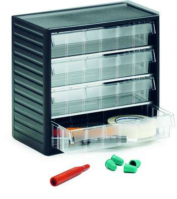 Smådelskassett 296 med 4 glasklara L‑06 smådelslådor, RAL 7016‑stomme