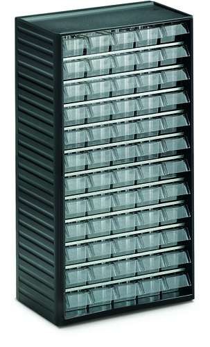 Treston smådelskassett 550 med 60 klara smådelslådor L‑00, grå ram 310x180x550 mm för smådelsförvaring