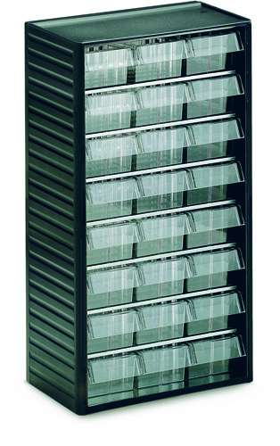 Treston 554 smådelskassett med 24 genomskinliga smålådor L-04 på arbetsbänk