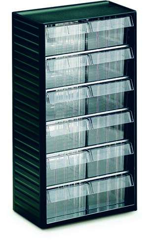 Treston smådelskassett 557 med 12 glasklara L‑07-lådor för smådelsförvaring