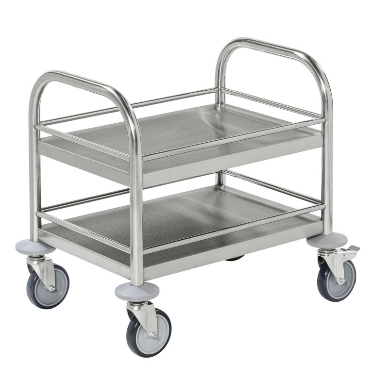 Small stainless steel shelf trolley with two tiers and swivel castors