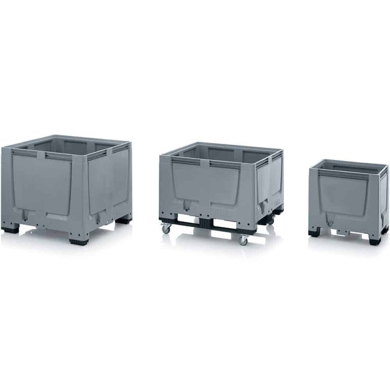 Grey solid plastic EUR/FIN pallet boxes with closed walls and base options for storage and transport