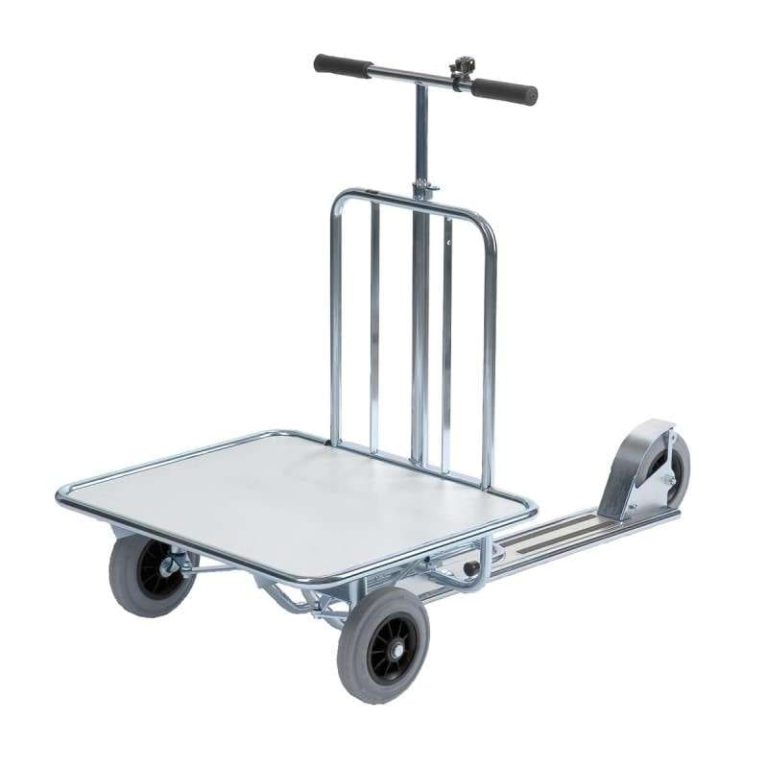 Sparkcykel med flak 87 i lagergång – Ø 200 mm massivgummihjul, fotbroms och parallellstyrning