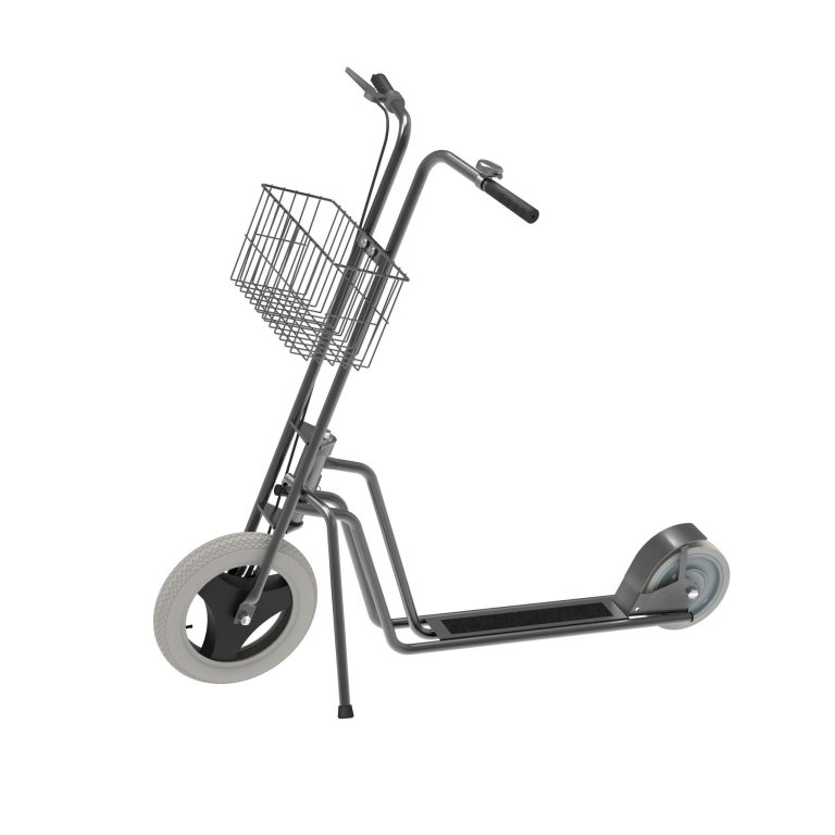 Mörkgrå sparkcykel med frontkorg för lager och industri