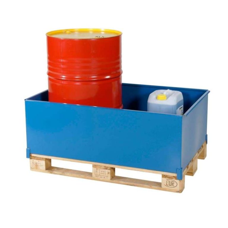 Spill containment tray for Euro pallet (EUR) with drum and jerry can