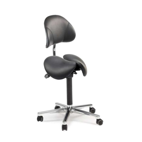 Split saddle chair with backrest, black leather, adjustable width, steel base with castors