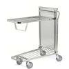 Spring-loaded shelf trolley with self-levelling upper shelf and four swivel castors