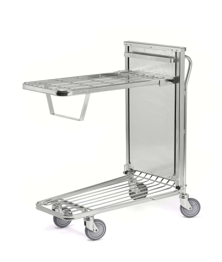 Spring-loaded shelf trolley with self-levelling upper shelf and four swivel castors