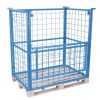 Blue stackable Euro pallet cage with half-drop gate