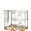 Electro-galvanised stackable mesh pallet collar on a wooden EUR pallet with the half gate folded down