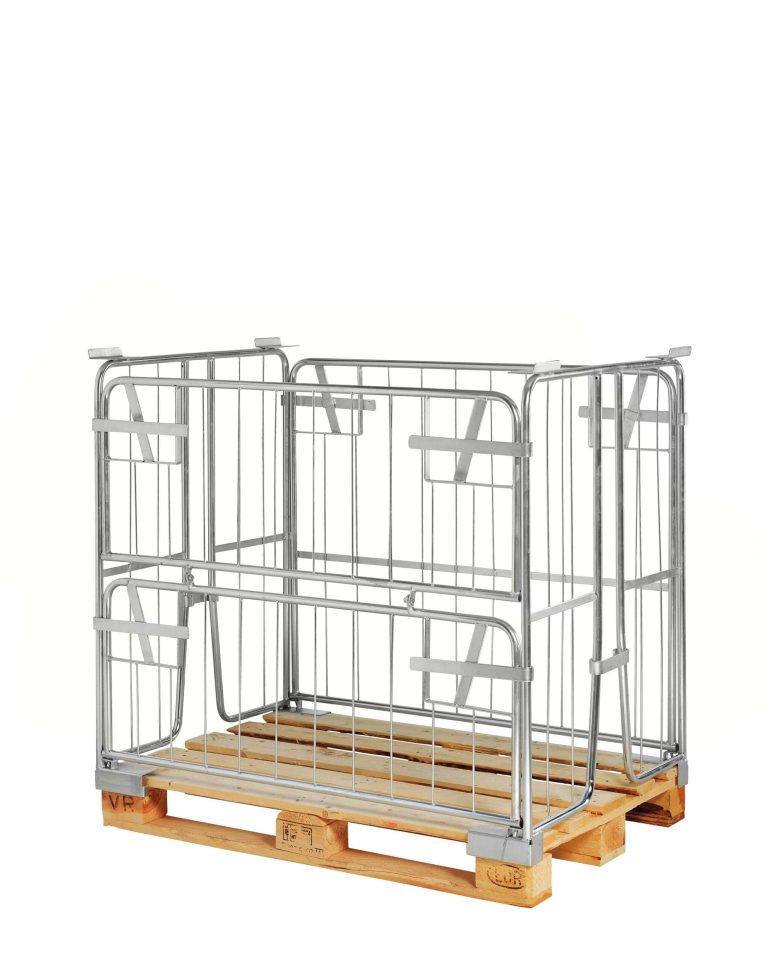 Electro-galvanised stackable mesh pallet collar on a wooden EUR pallet with the half gate folded down